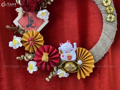 Vòng treo cửa Tết vải bố quạt xếp Mèo Thần Tài [2 Kiểu] ĐK 35cm VTC-T-48